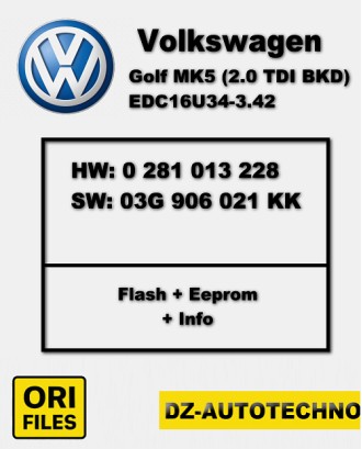 VW Golf MK5 2.0 TDI BKD ECU Original File - Bosch 0281013228 | 03G906021KK
